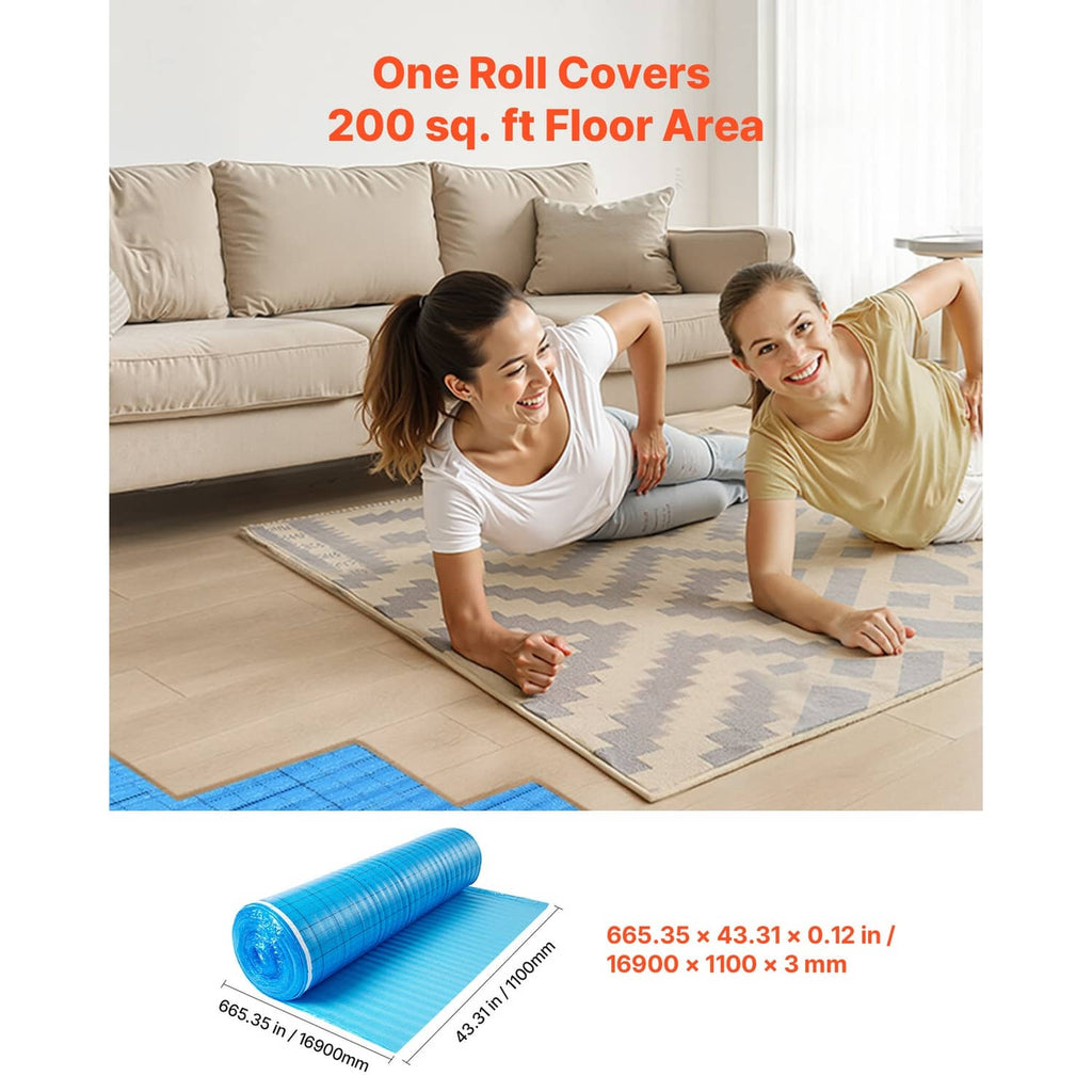 Blue floor underlayment rolls with sheet unfolded for covering a room floor