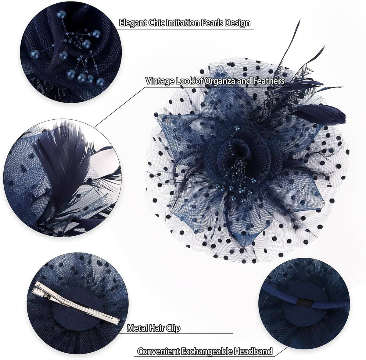 Navy polka-dot tulle fascinator set with feather flower, faux pearls, headband and clip