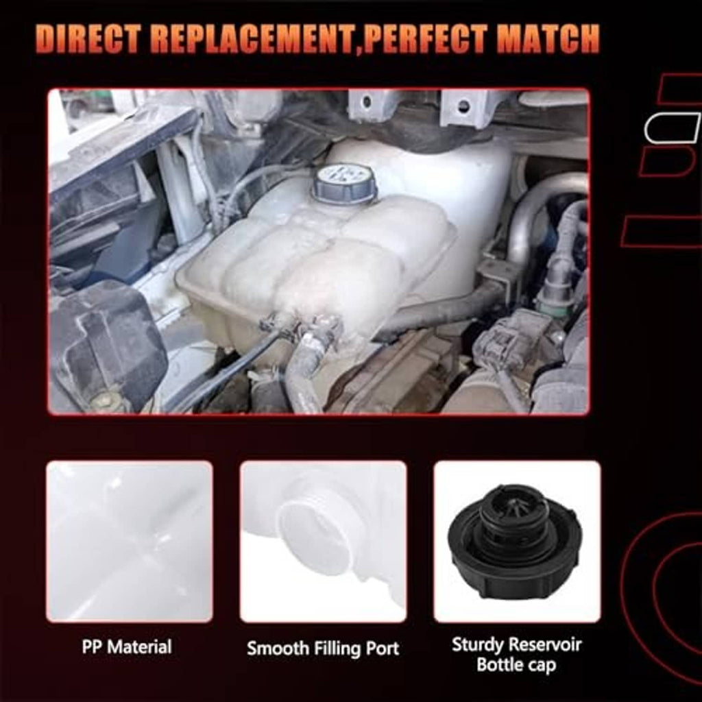 White coolant reservoir expansion tank with black cap, plus filling and cap views