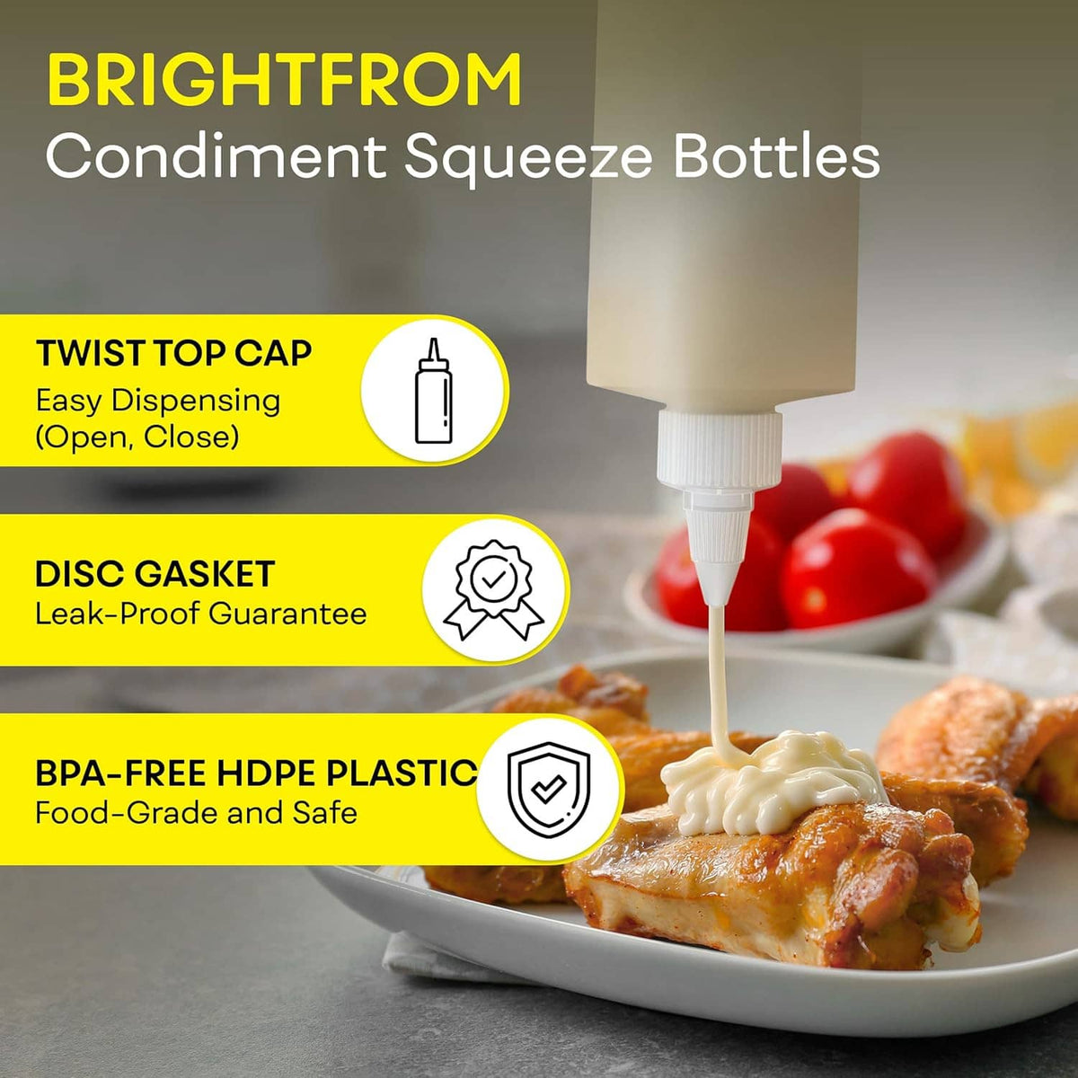 White condiment squeeze bottle dispensing sauce, with twist top cap and nozzle
