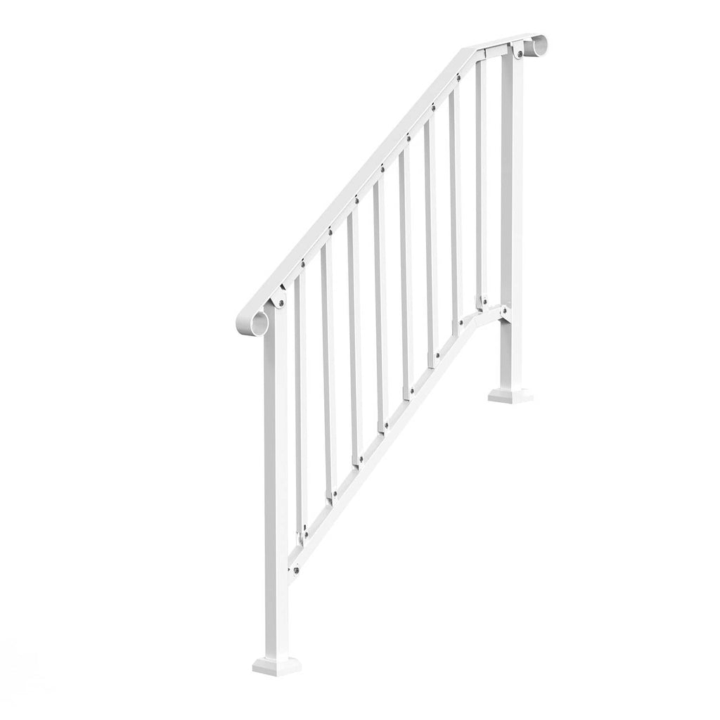 White outdoor stair railing with vertical bars, curved handrail, and support posts