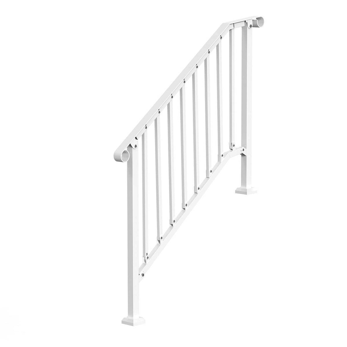 White outdoor stair railing with vertical bars, curved handrail, and support posts