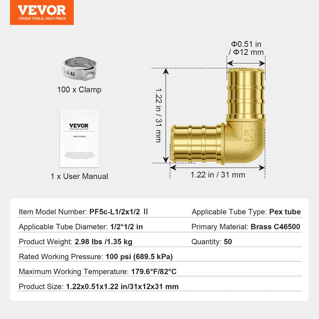 1/2 in brass clamp-style elbow tube fitting with size diagram