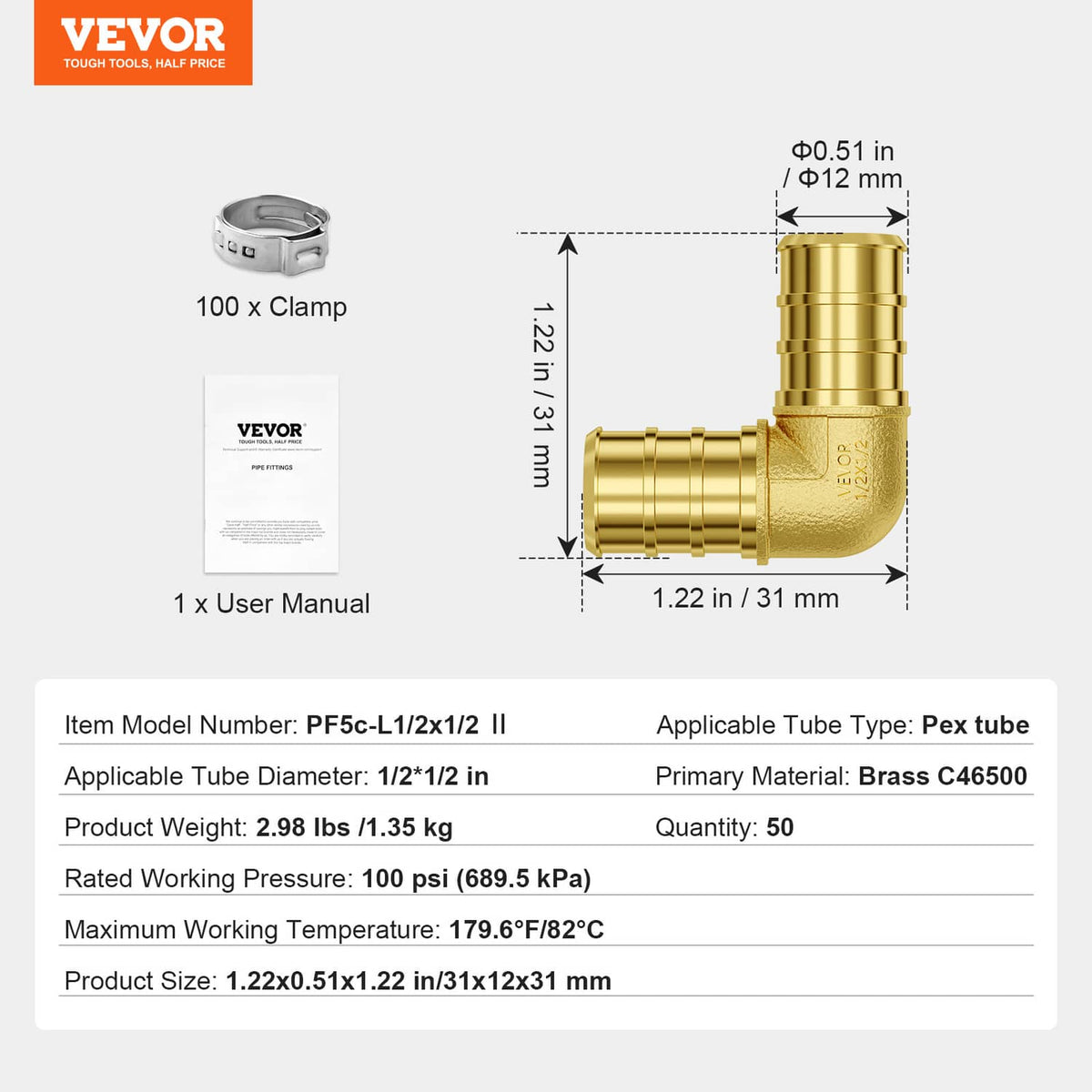 1/2 in brass clamp-style elbow tube fitting with size diagram