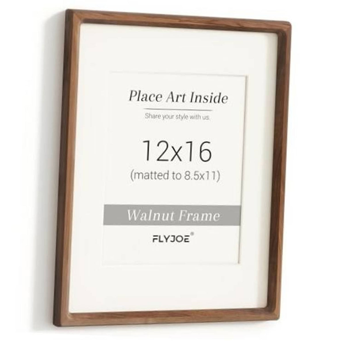 Walnut wood picture frame, front view with white mat for 12x16 photos