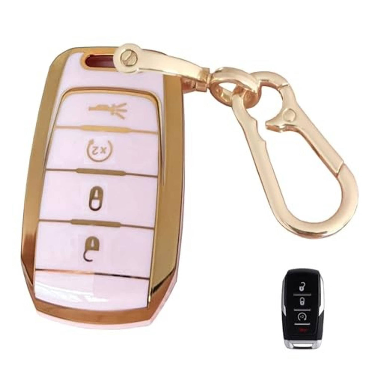 Pink gold key fob shell with keyring; black key fob shown next to it