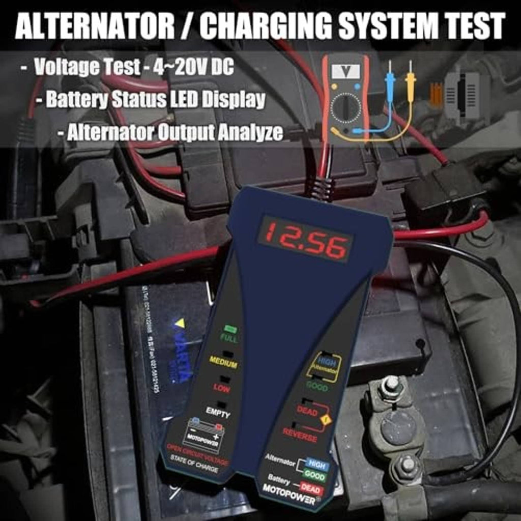 12V battery tester with digital voltage display and LED status lights, connected to leads