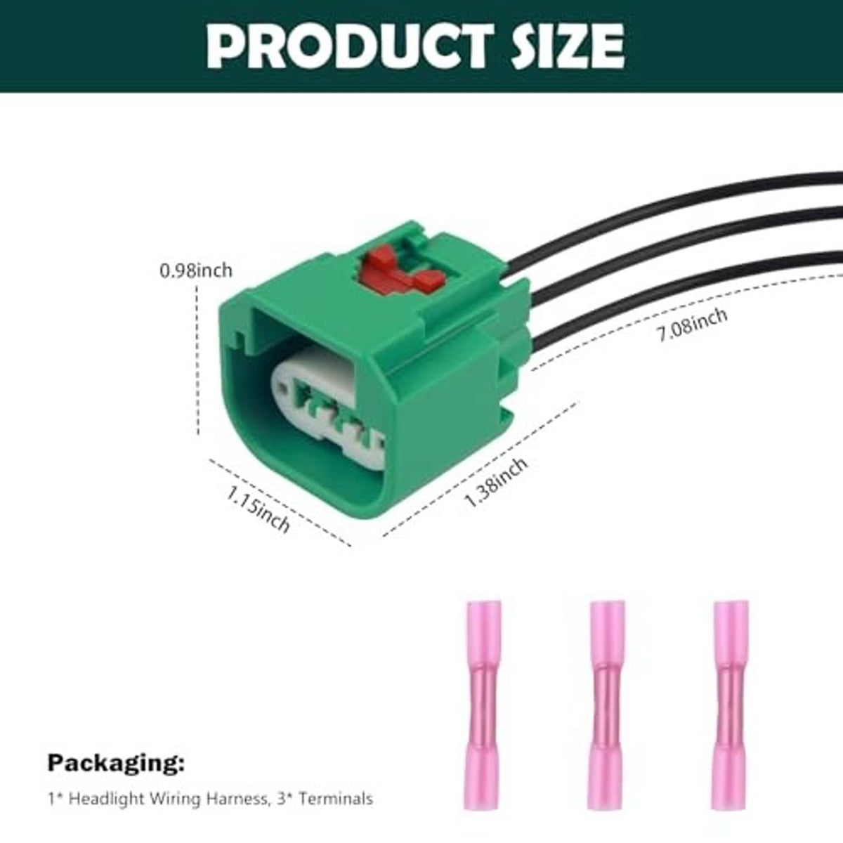 Green headlight wiring harness connector plug with black cables and three pink terminal pins