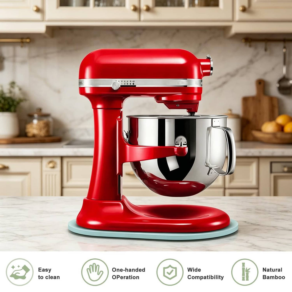 Blue stand mixer slider pad under red stand mixer base on countertop