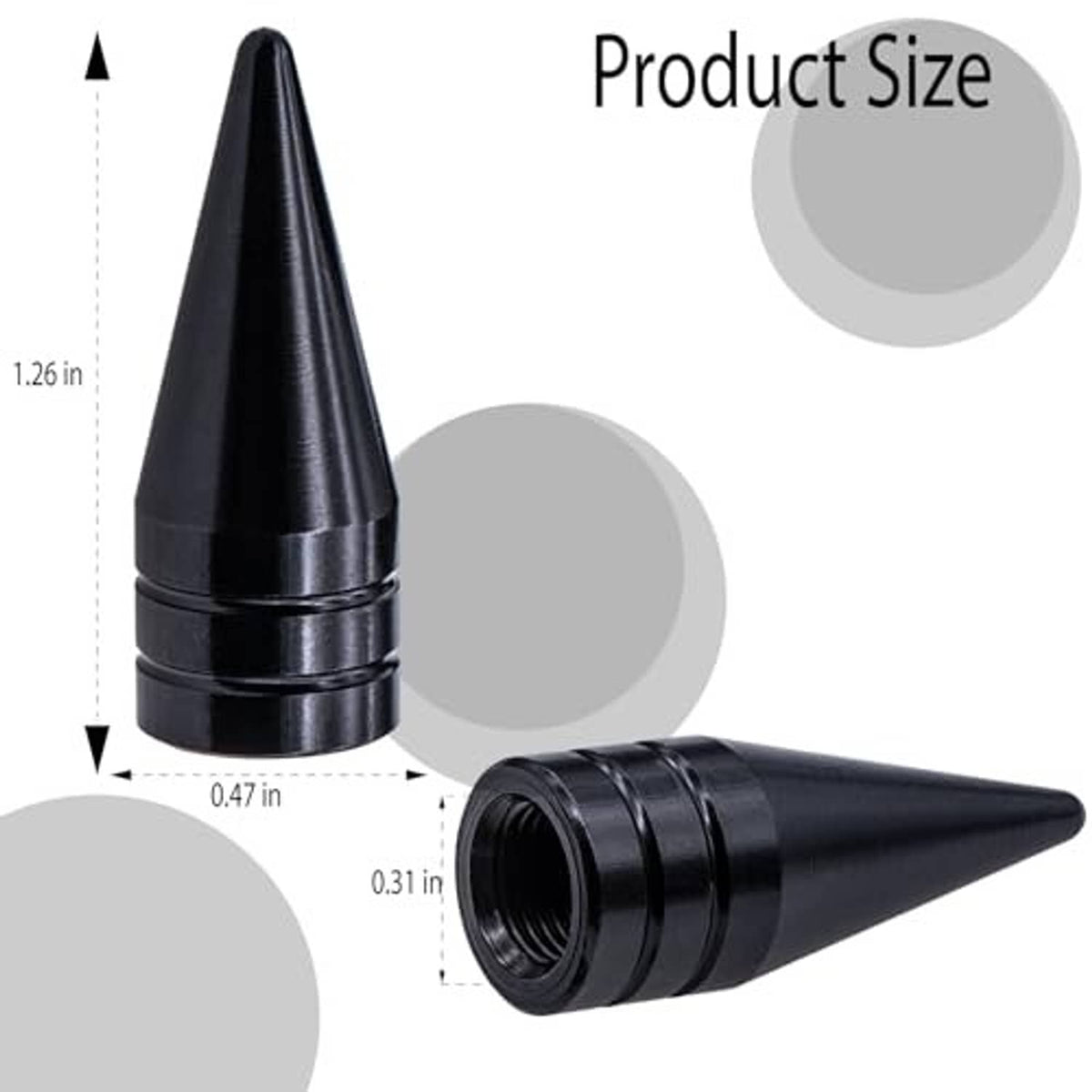 Black spiked valve stem cap set, one cone cap and one threaded end shown