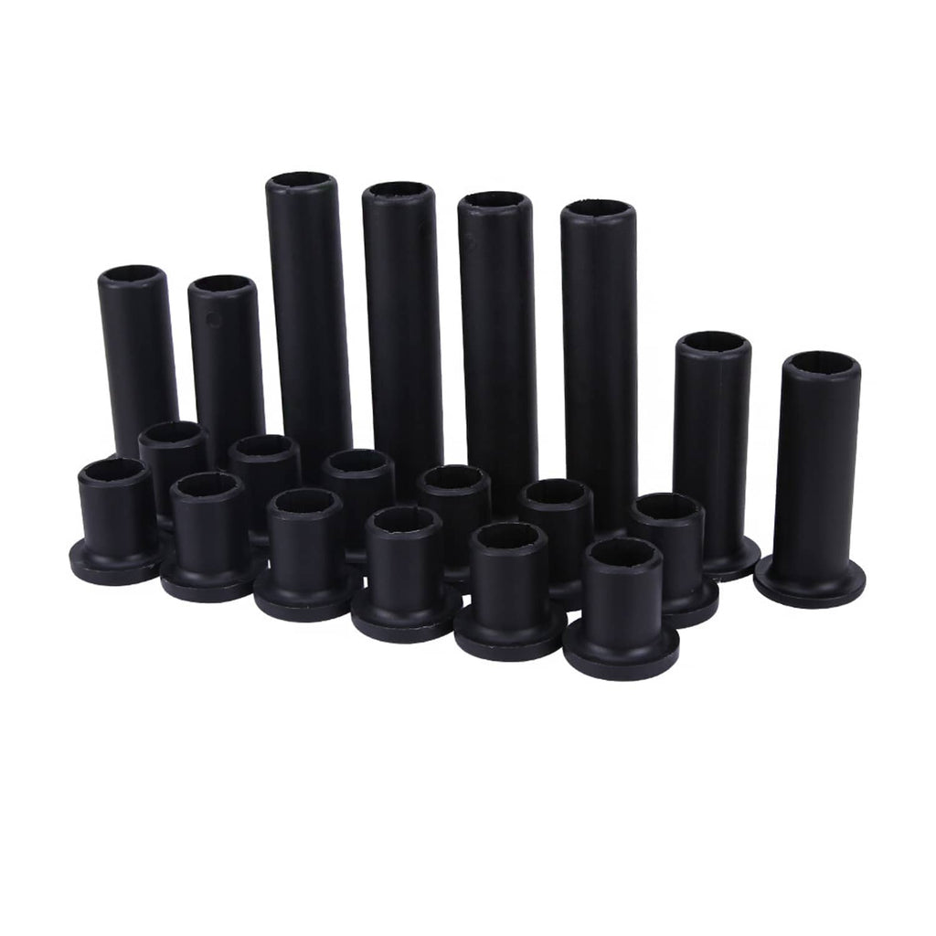Black suspension bushing sleeves arranged on white background, mixed lengths