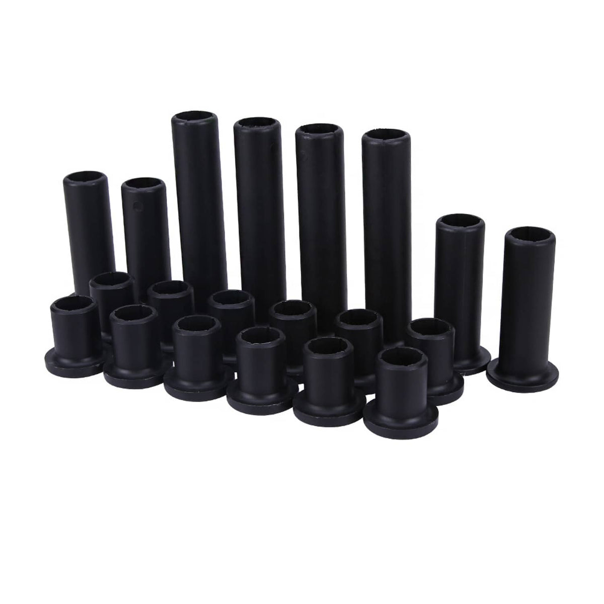Black suspension bushing sleeves arranged on white background, mixed lengths