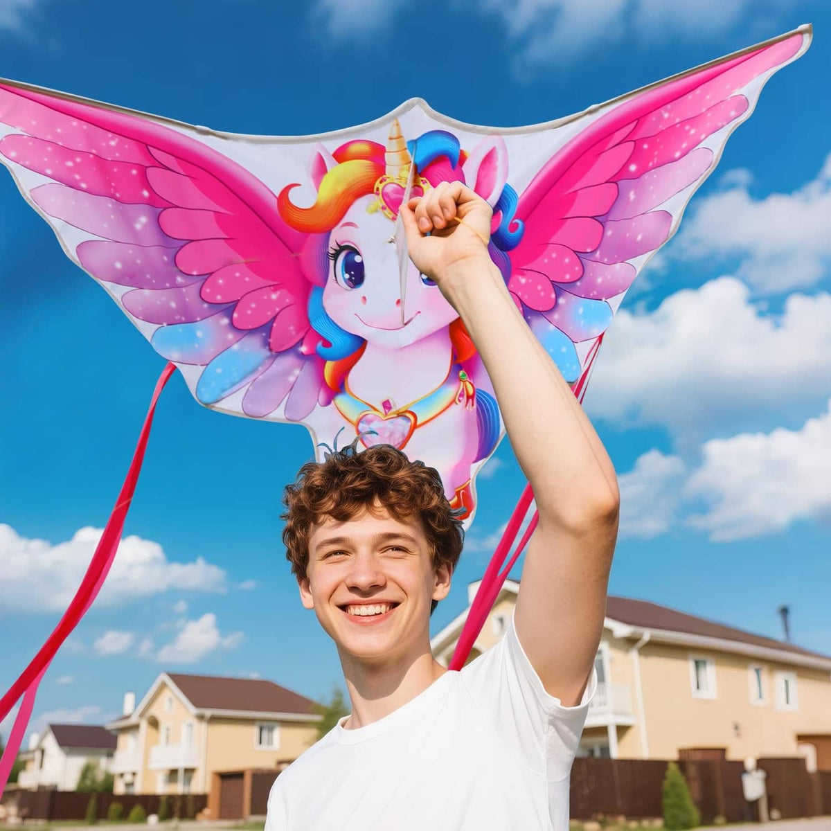 Unicorn kite held overhead featuring pink wings, rainbow mane, and heart necklace