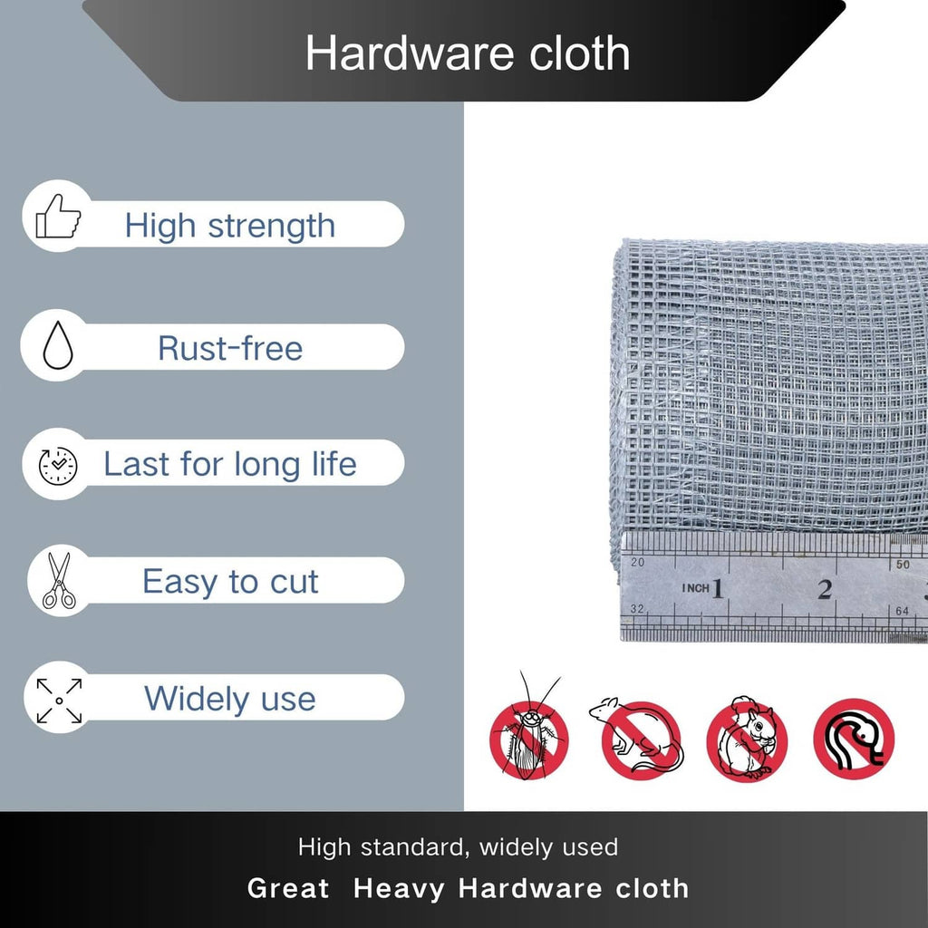 Silver hardware cloth wire mesh roll shown beside feature icons