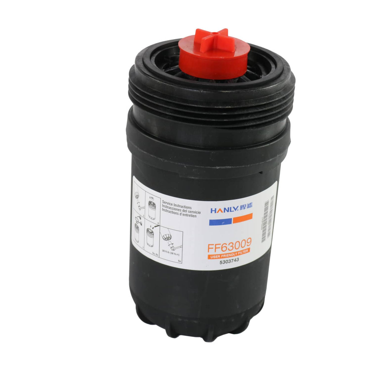 Engine fuel filter with red cap on top, black body, and product label