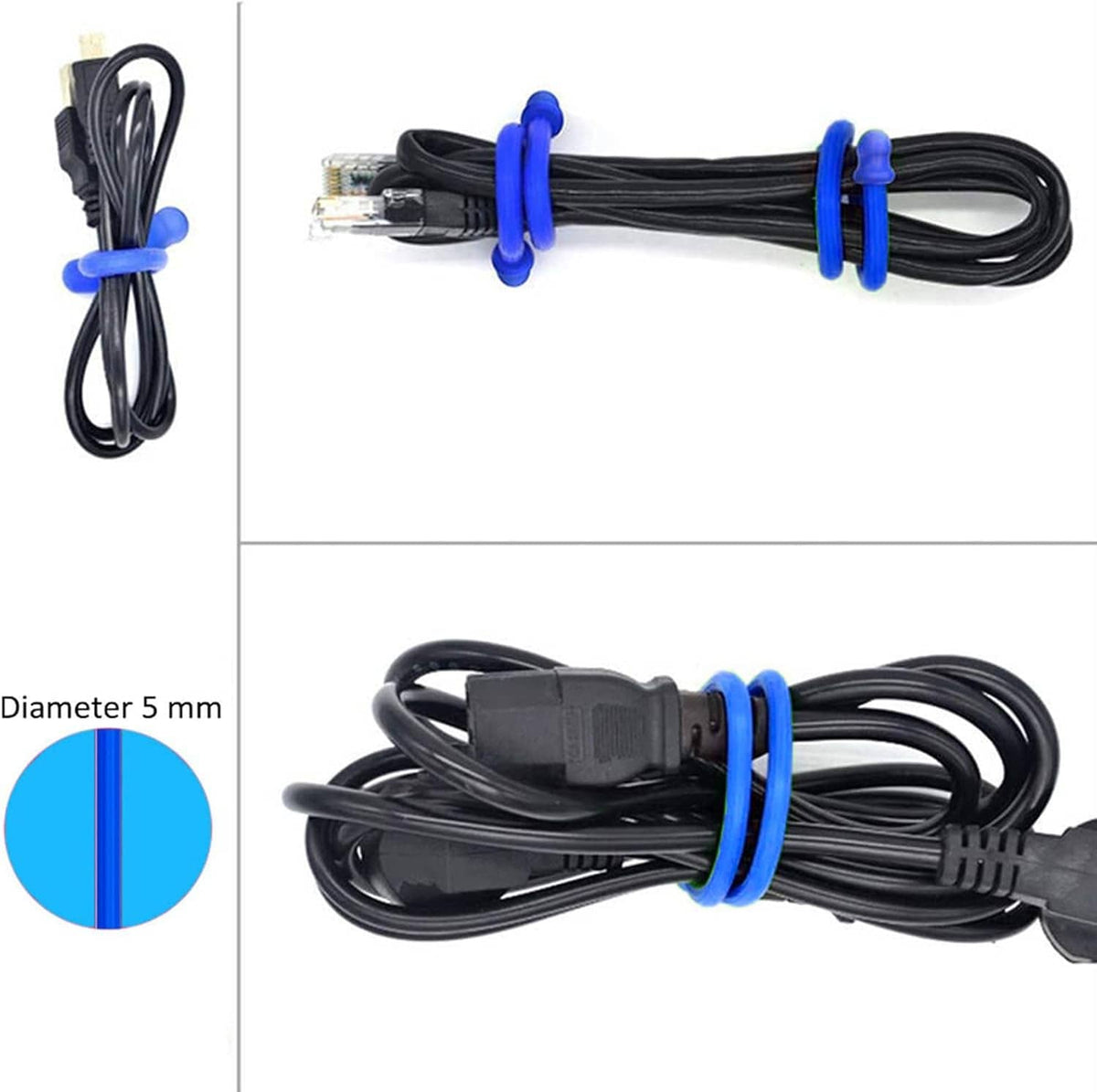 Blue silicone cable ties bundling black power cords with a two-prong plug