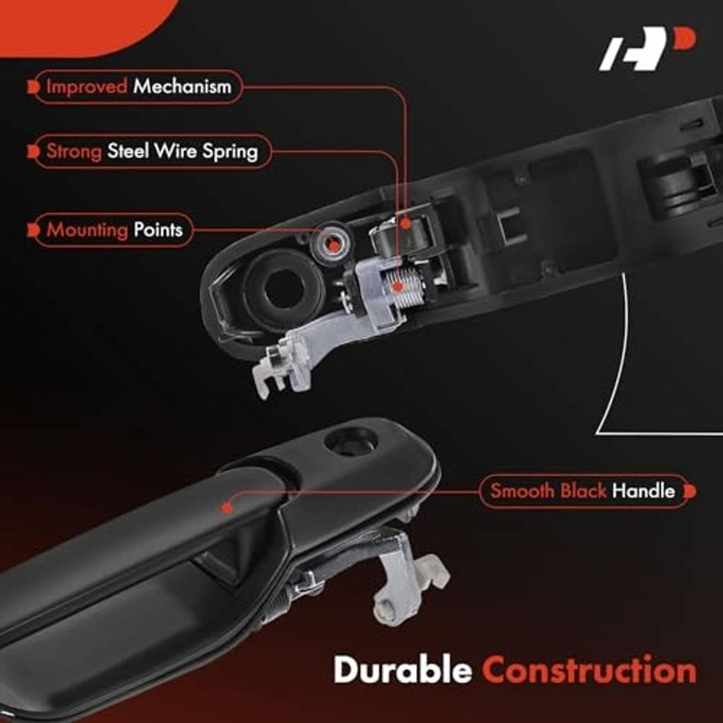 Front right exterior door handle underside, black handle with steel spring and mounts