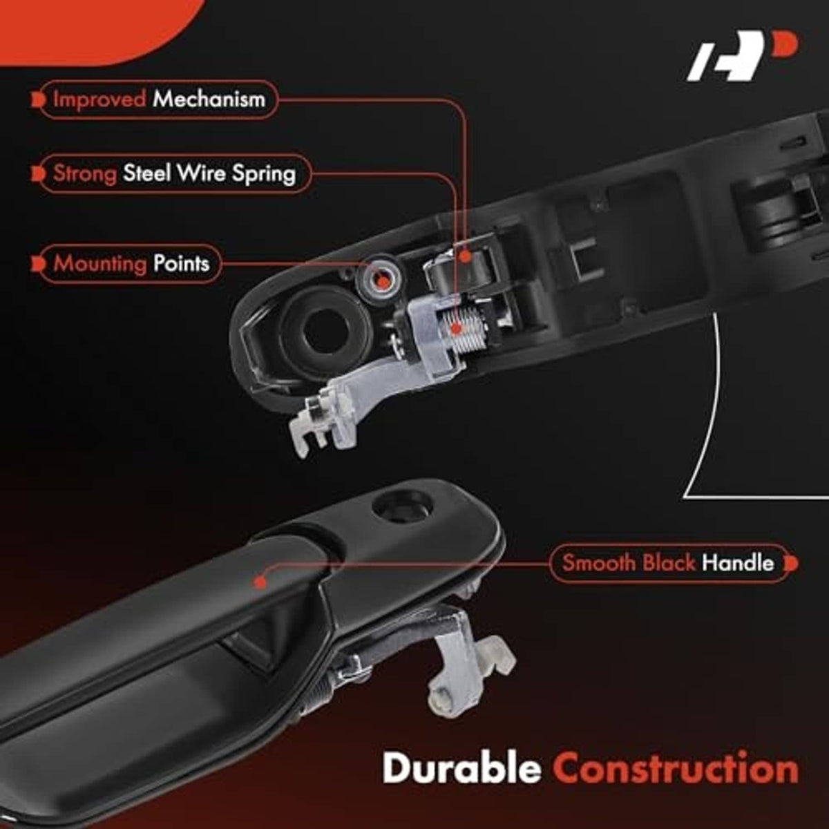 Front right exterior door handle underside, black handle with steel spring and mounts