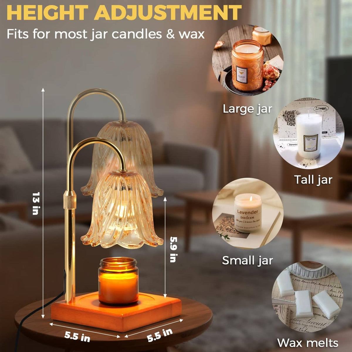 Gold flameless candle lamp with glass flower shade and jar candle size fit guide