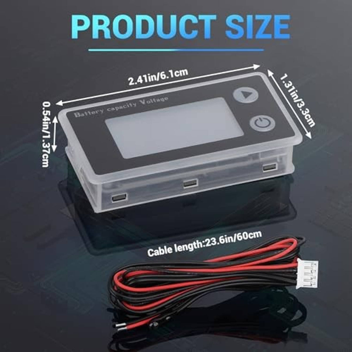 Battery monitor product size diagram with device dimensions and 60cm cable length