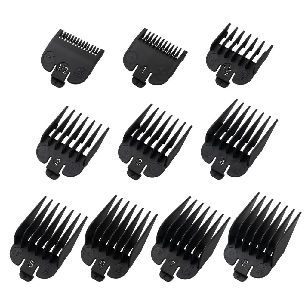 Multiple black clipper guards showing different cutting lengths and widths