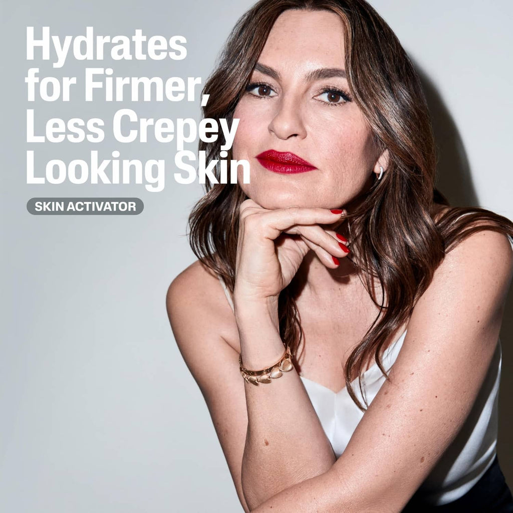 Woman resting chin on hand with a cream jar; callout for firmer, less crepey-looking skin