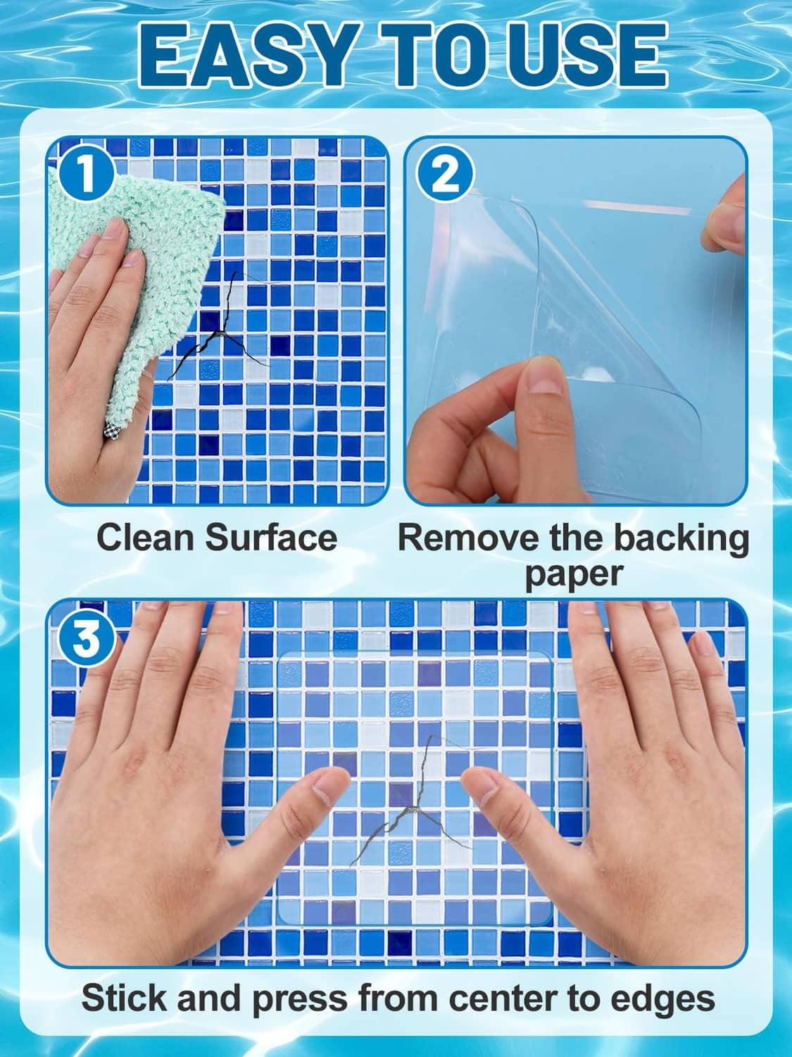 Clear peel-and-stick repair patches for pool liners: clean, remove backing, press on