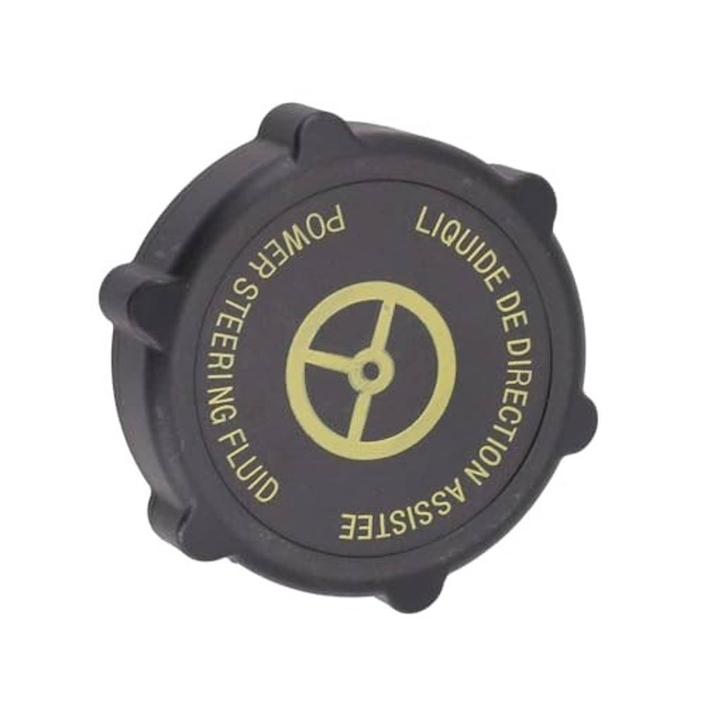 Black plastic gas oil filler cap with yellow liquid direction and steering symbols