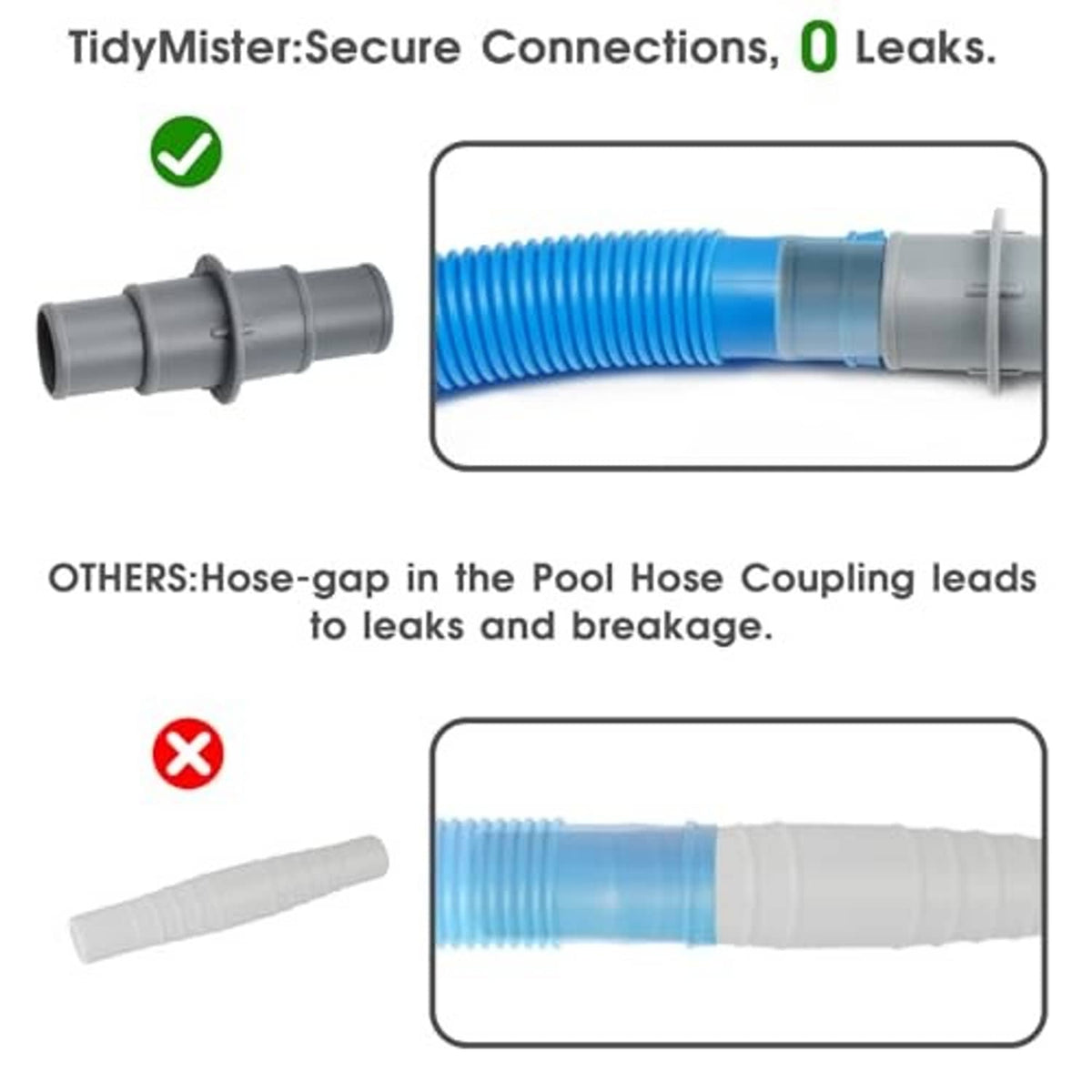 Grey pool hose connector coupling with blue corrugated hose, tight sealed fit