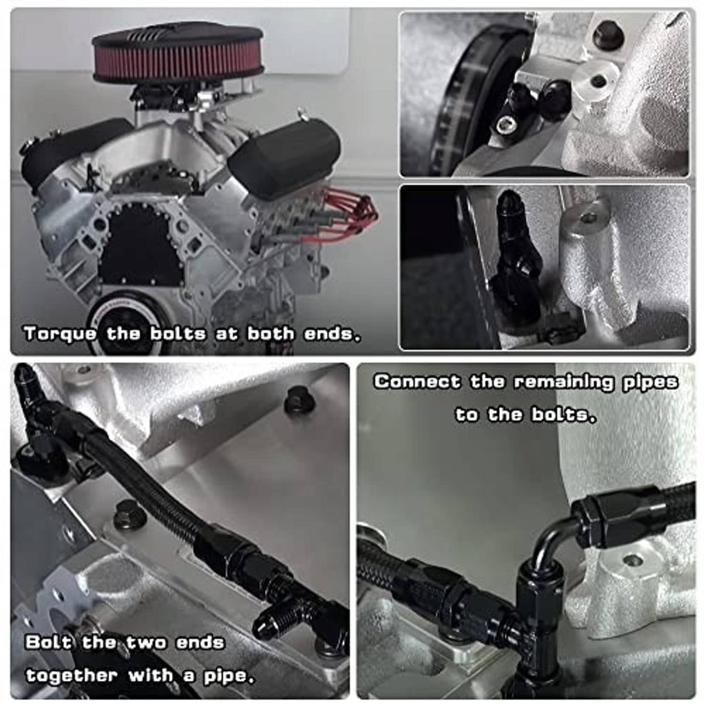 Black braided hose kit installed in engine bay with black AN fittings