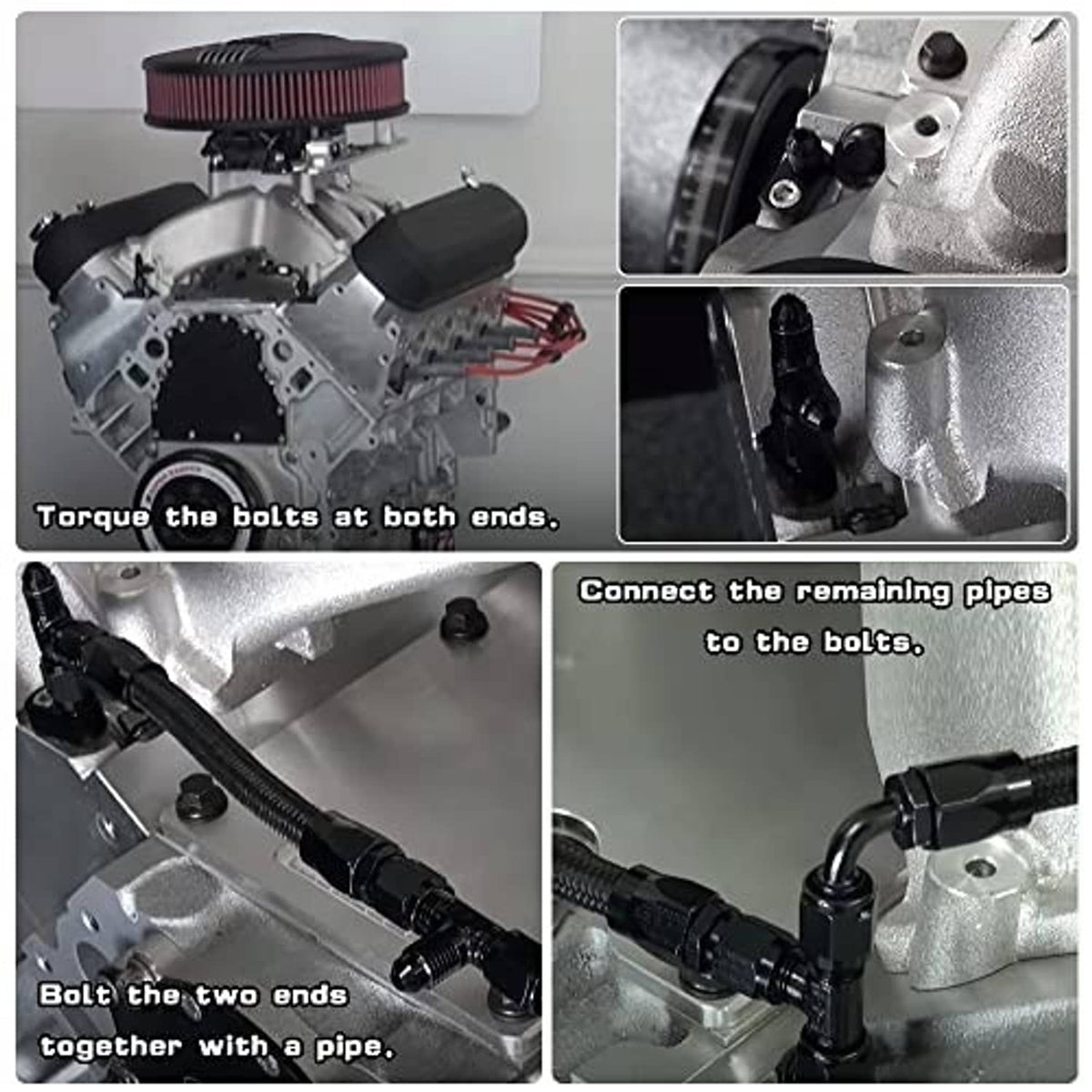 Black braided hose kit installed in engine bay with black AN fittings