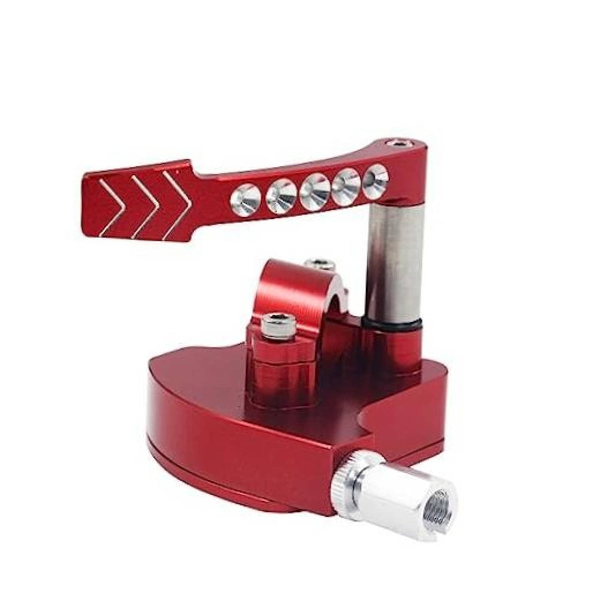 Red billet throttle thumb assembly with arrow pattern grip and silver mounting posts