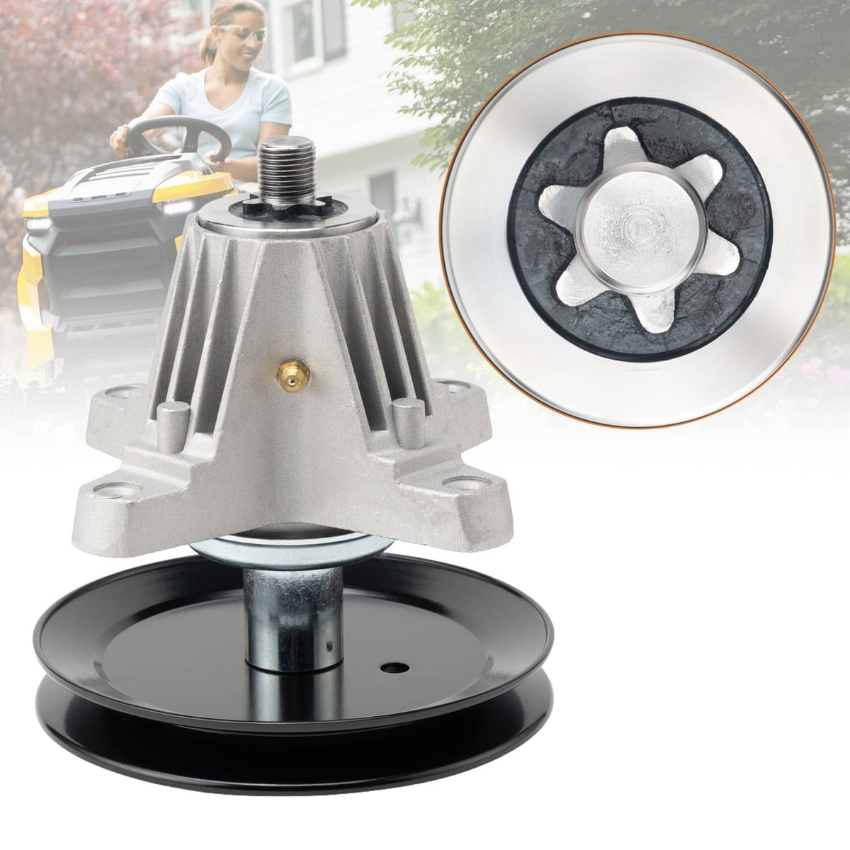 Deck spindle assembly with black pulley and silver mounting frame