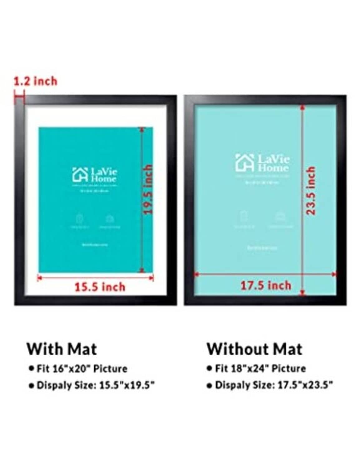Black poster frame size diagram: with mat and without mat dimensions