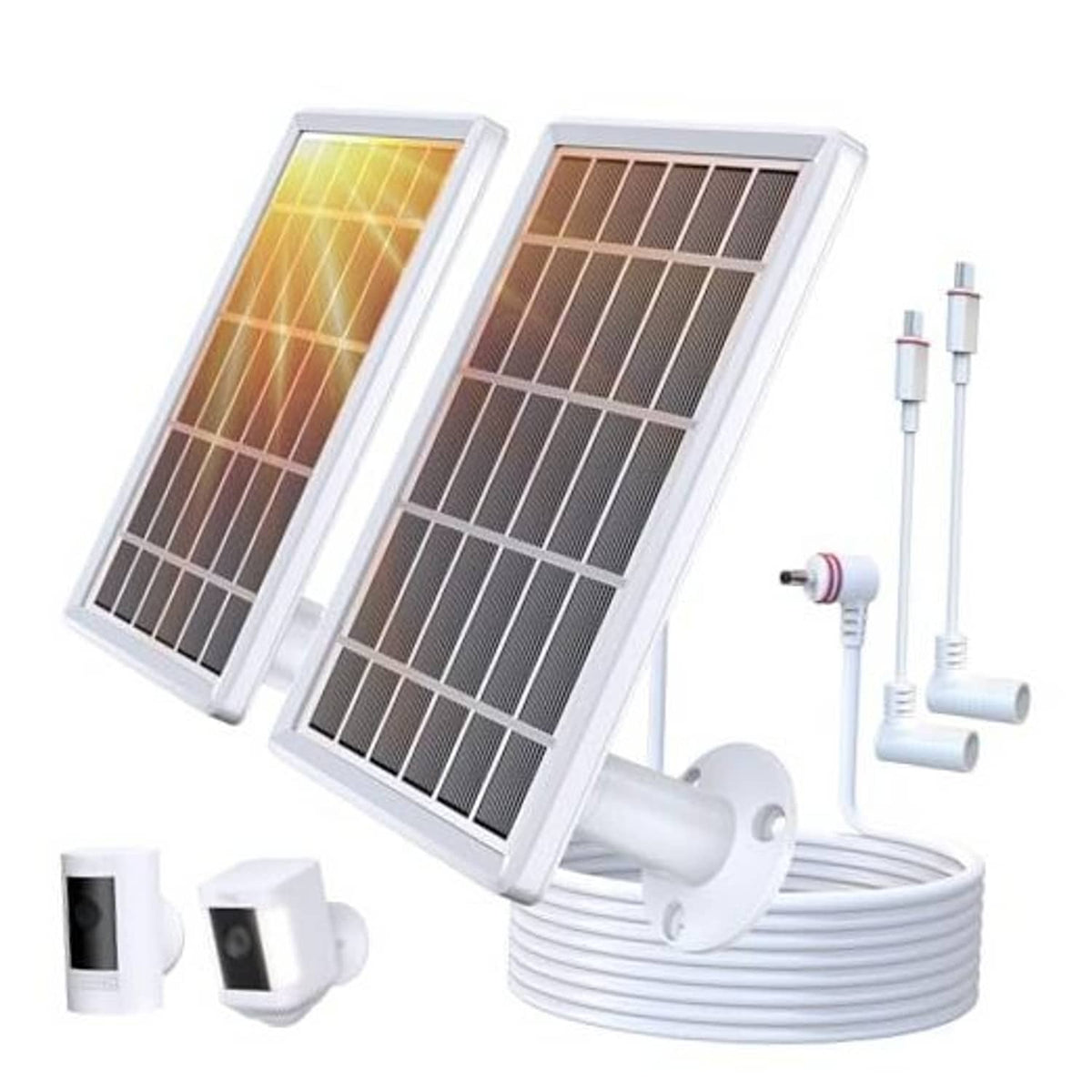 Foldable dual solar panel charger with cable and wall mount for security camera