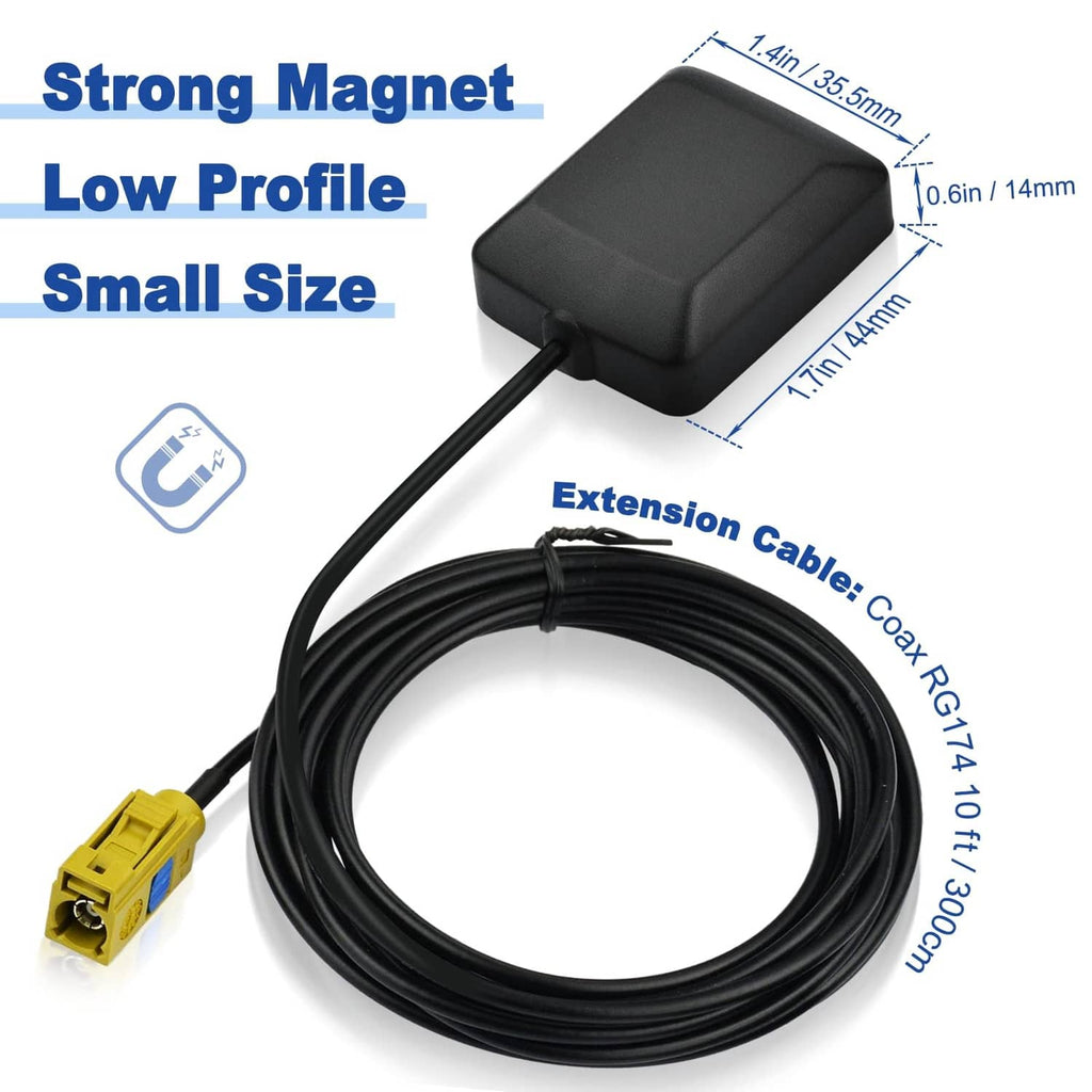 Black antenna base with black coax extension cable and yellow Fakra connector