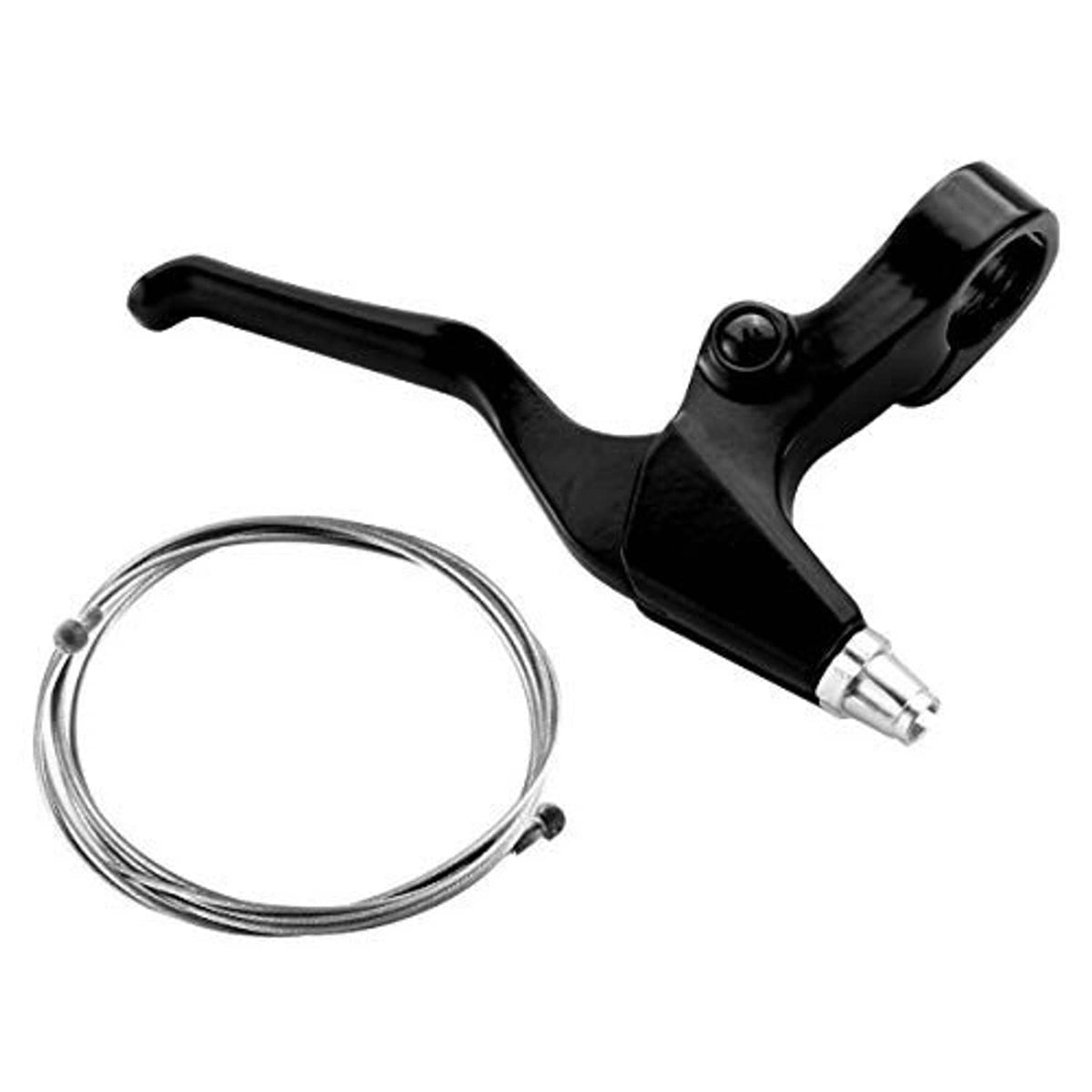 Short black bicycle brake lever with silver cable end and round mounting hardware