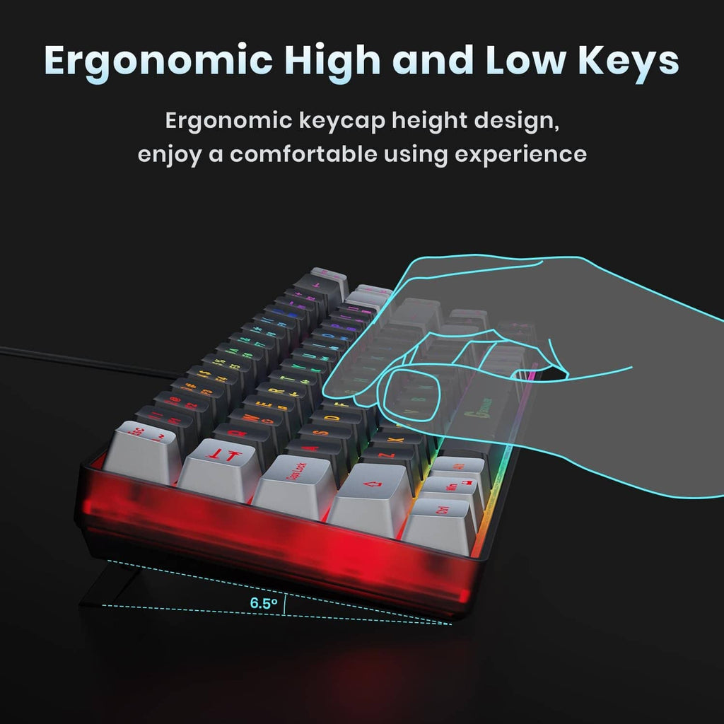 Ergonomic wired gaming keyboard with stepped keycap profile and RGB backlighting.