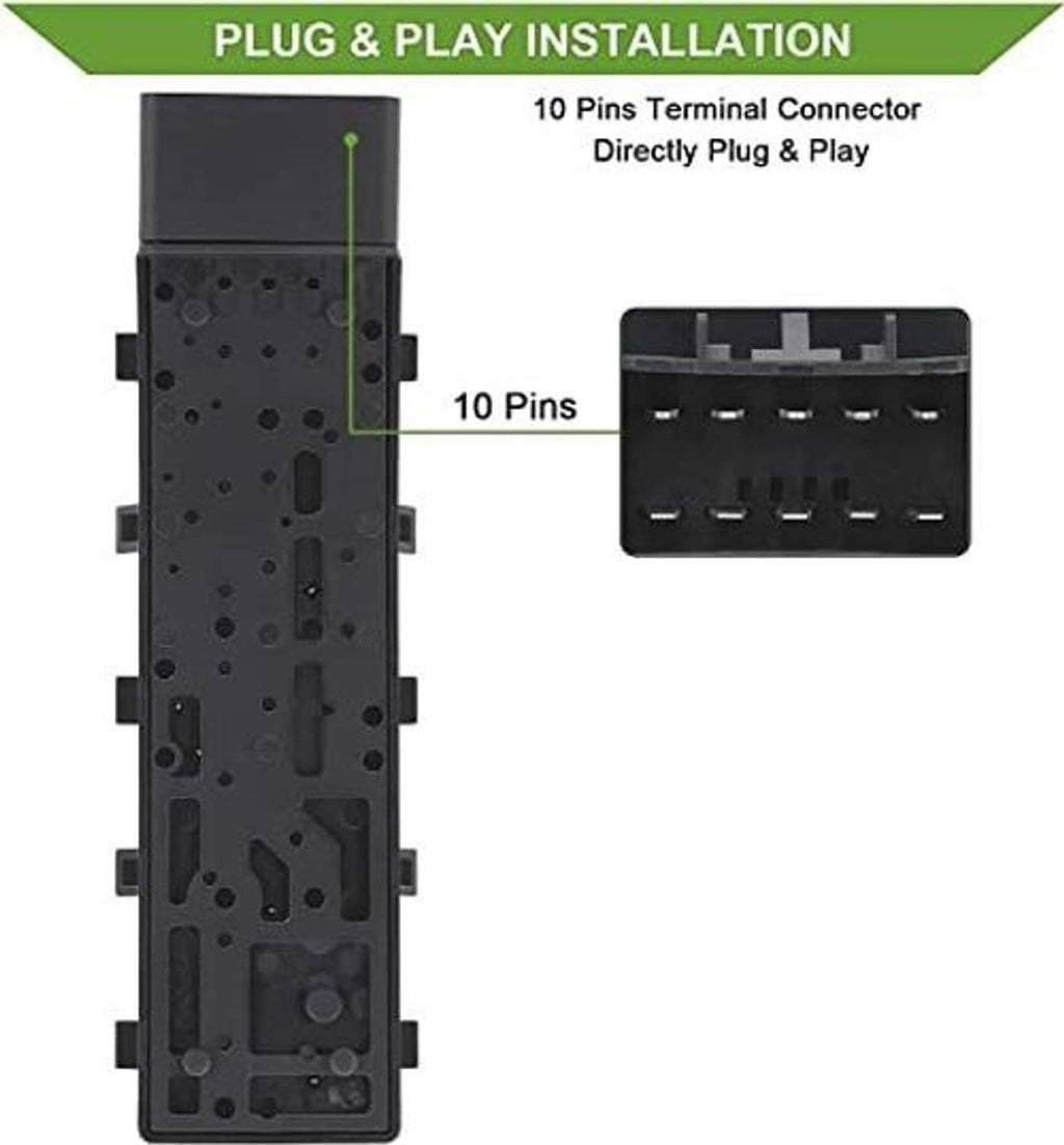 Power seat switch control module with 10-pin terminal connector and plug interface