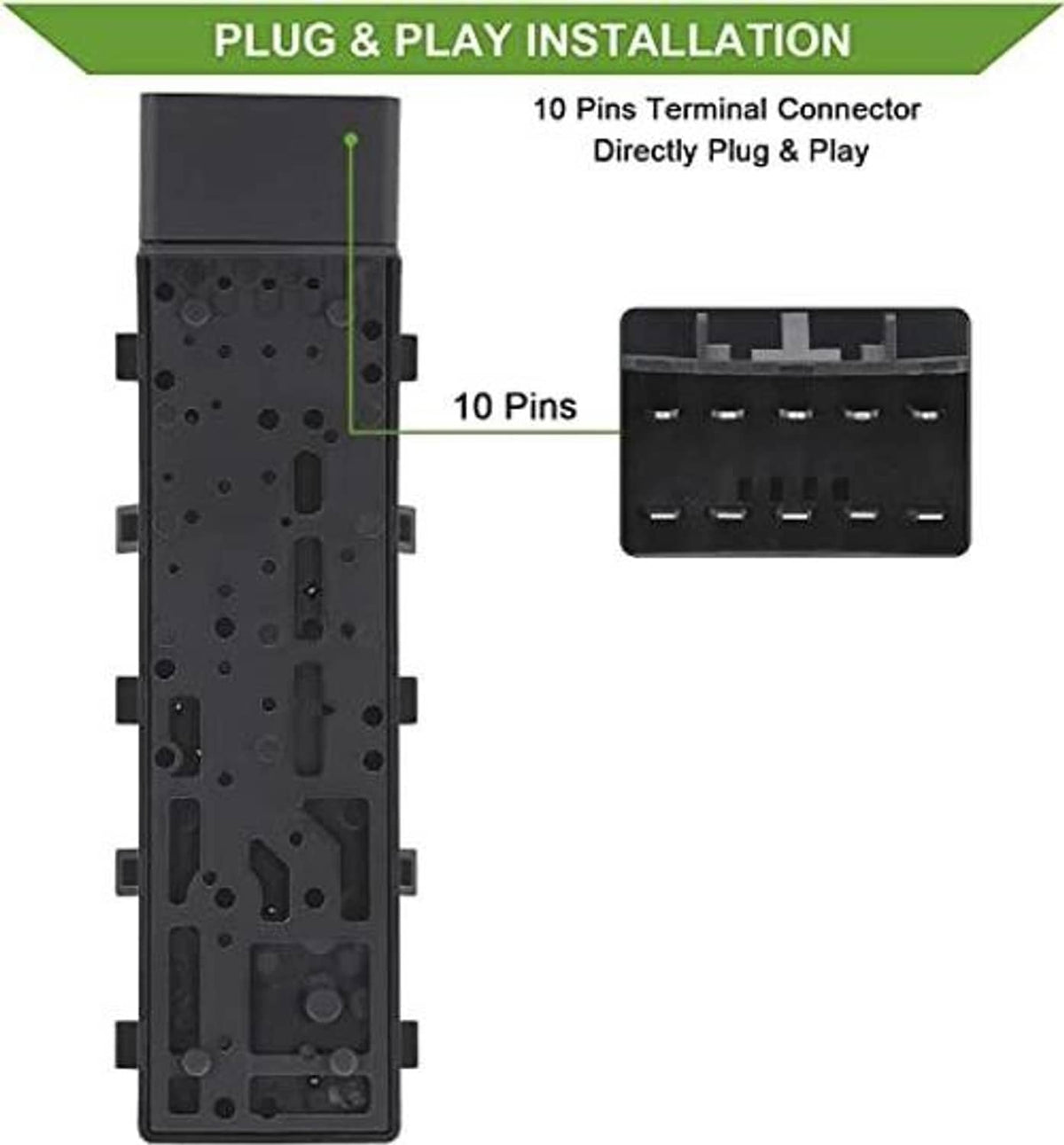 Power seat switch control module with 10-pin terminal connector and plug interface