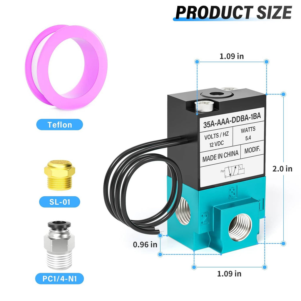 Pneumatic 2-way 3-port valve with DC12V label and three threaded ports, shown with size