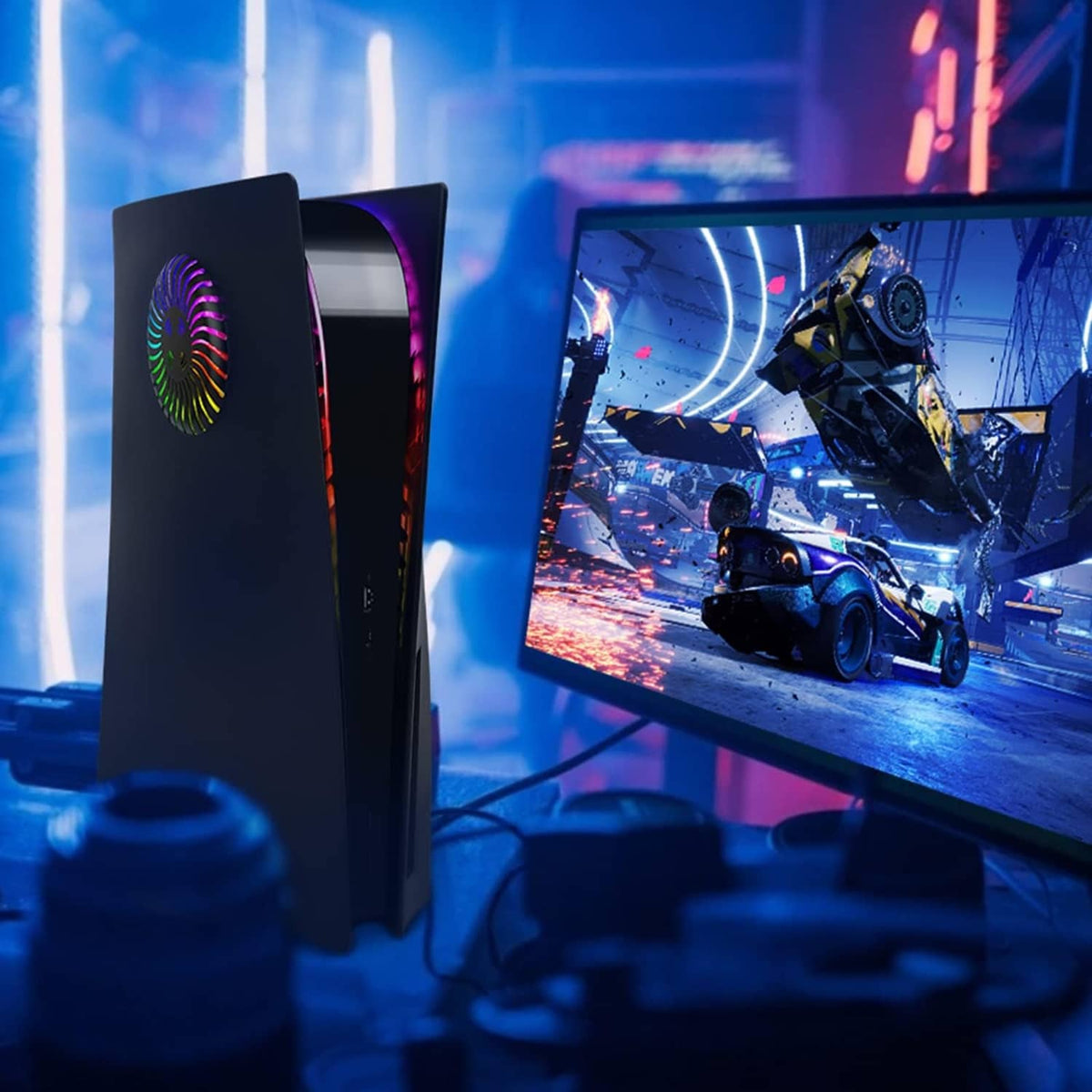 Black PS5 faceplate with colorful fan logo on the panel, angled on console