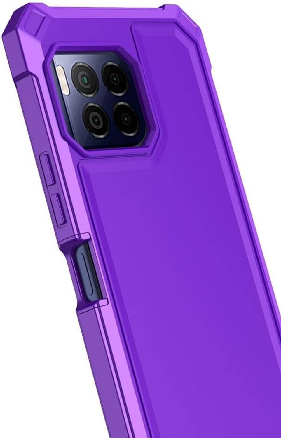 Purple rugged phone case with multi-camera cutout and side buttons