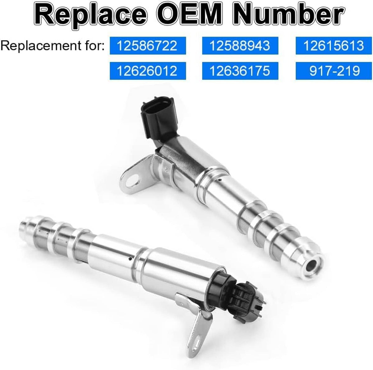 Variable valve timing solenoid pair with silver body and black electrical connector pigtail