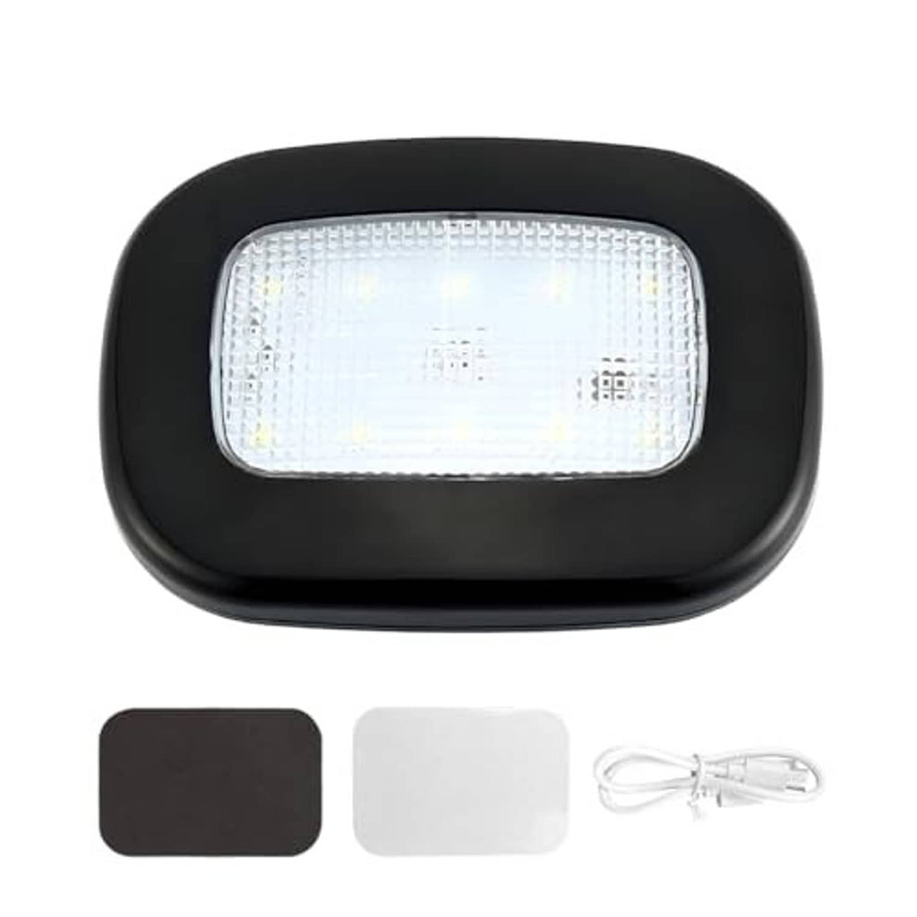 Black dome LED car light with clear rectangular lens, showing bright white illumination.