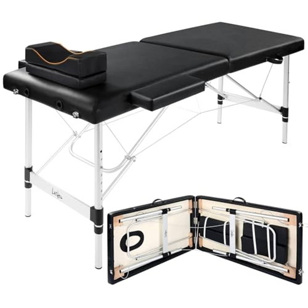 Black lash extension bed with padded armrest, folding legs, and open protective case