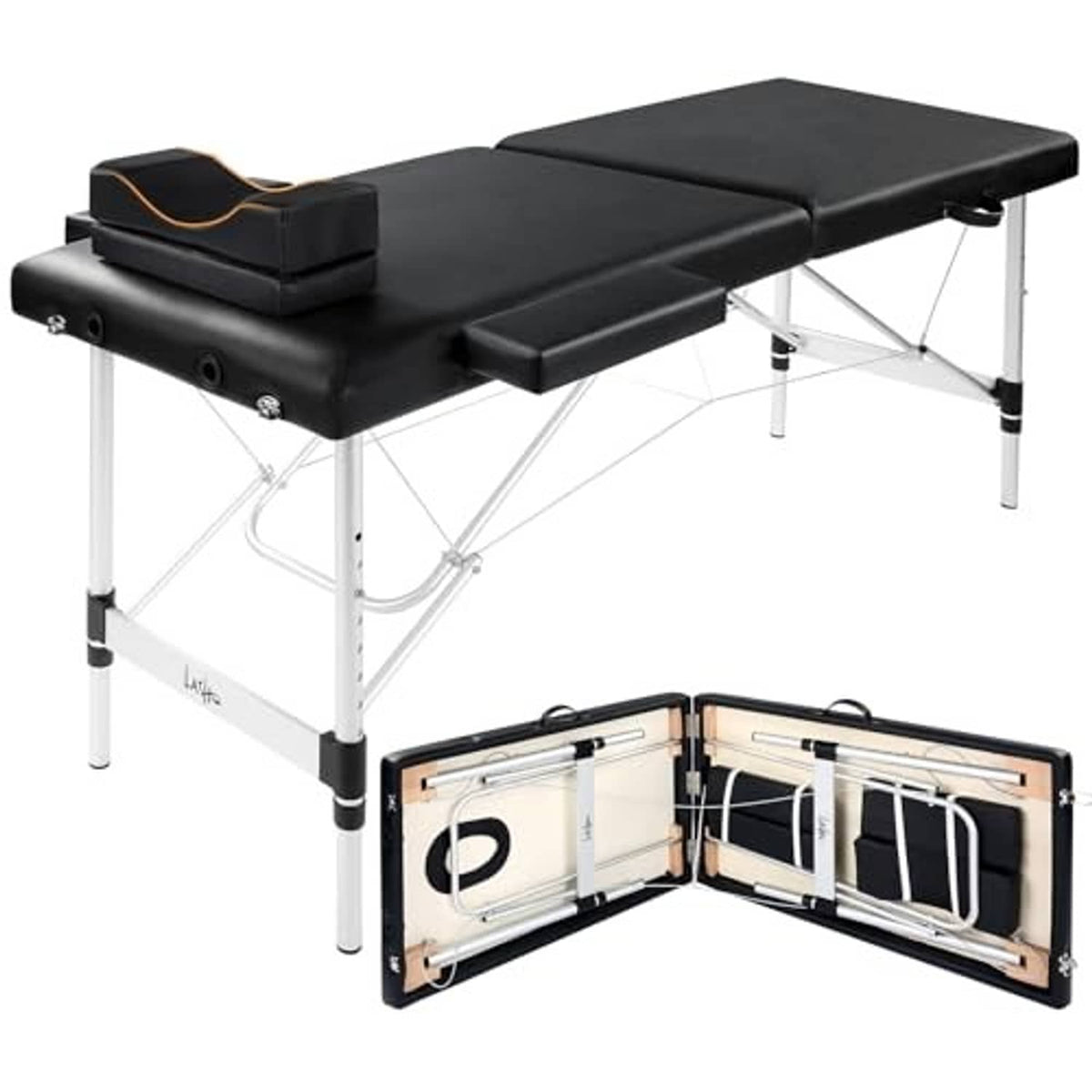 Black lash extension bed with padded armrest, folding legs, and open protective case