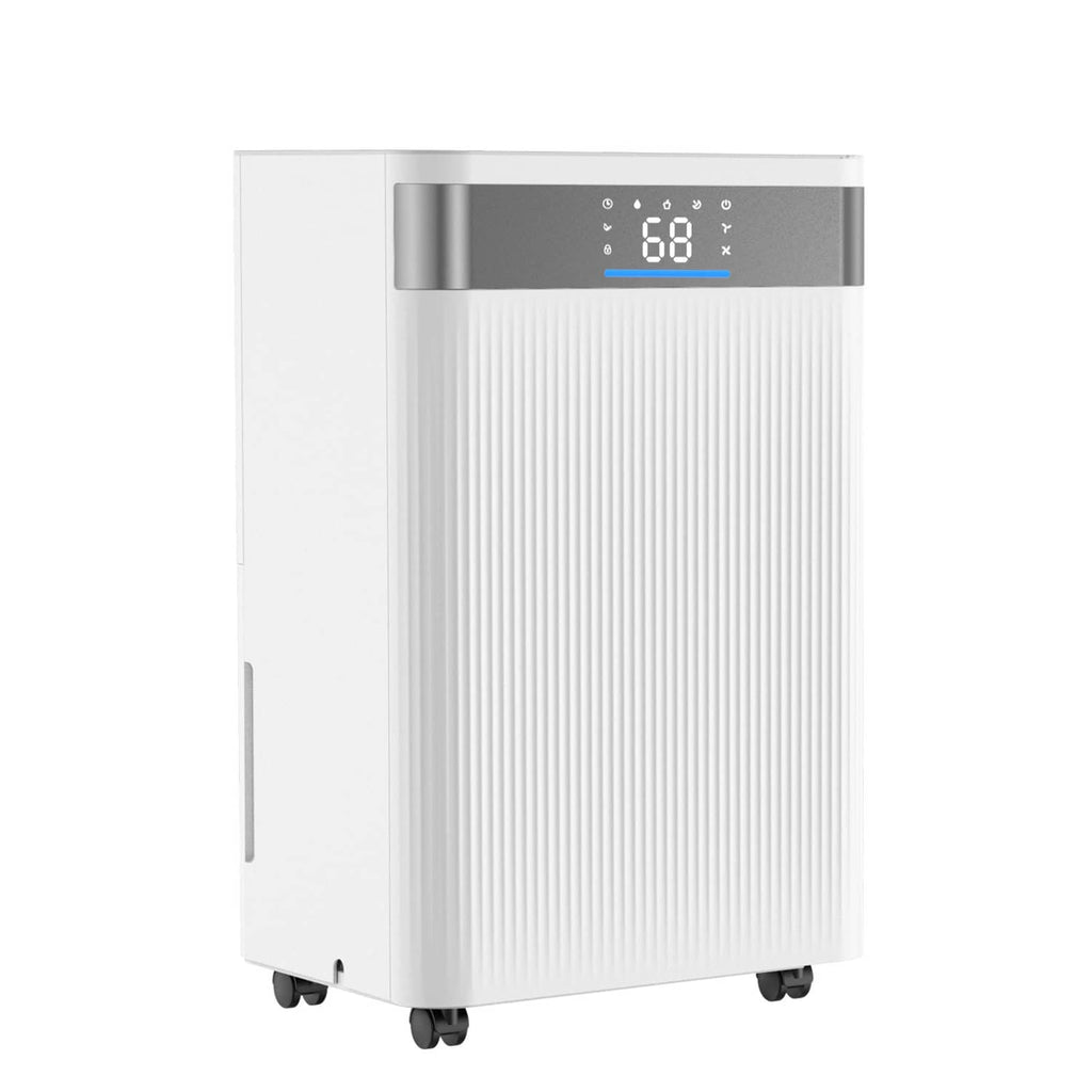 Uimoso 35-pint dehumidifier front view with blue LED display and silver control panel