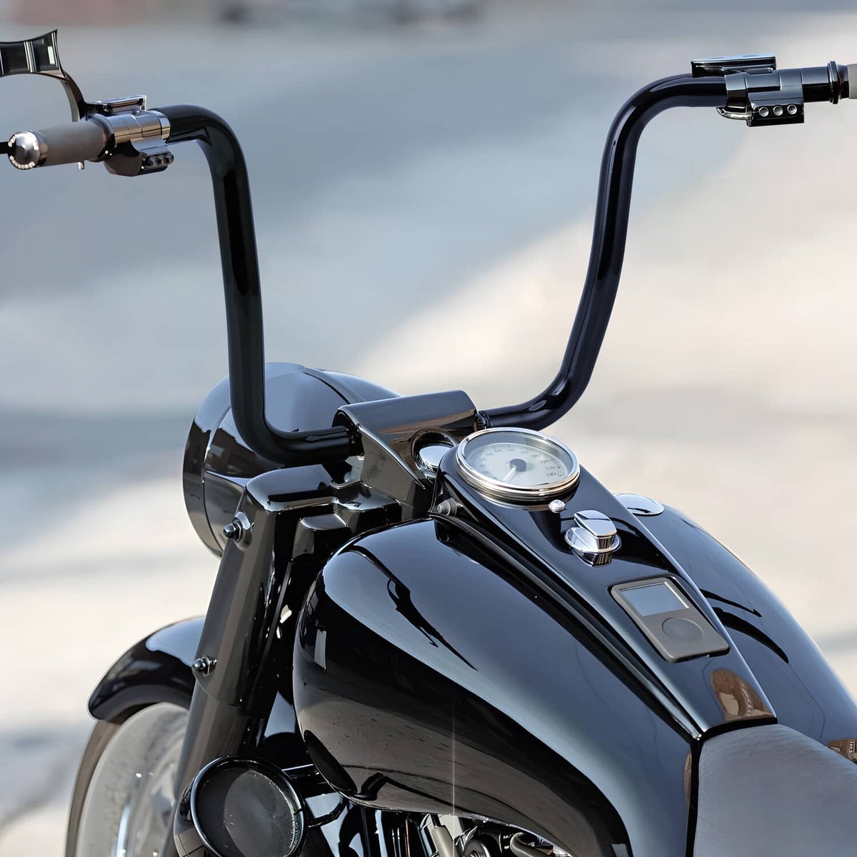 Black 14in ape hanger handlebar with glossy finish mounted on a motorcycle