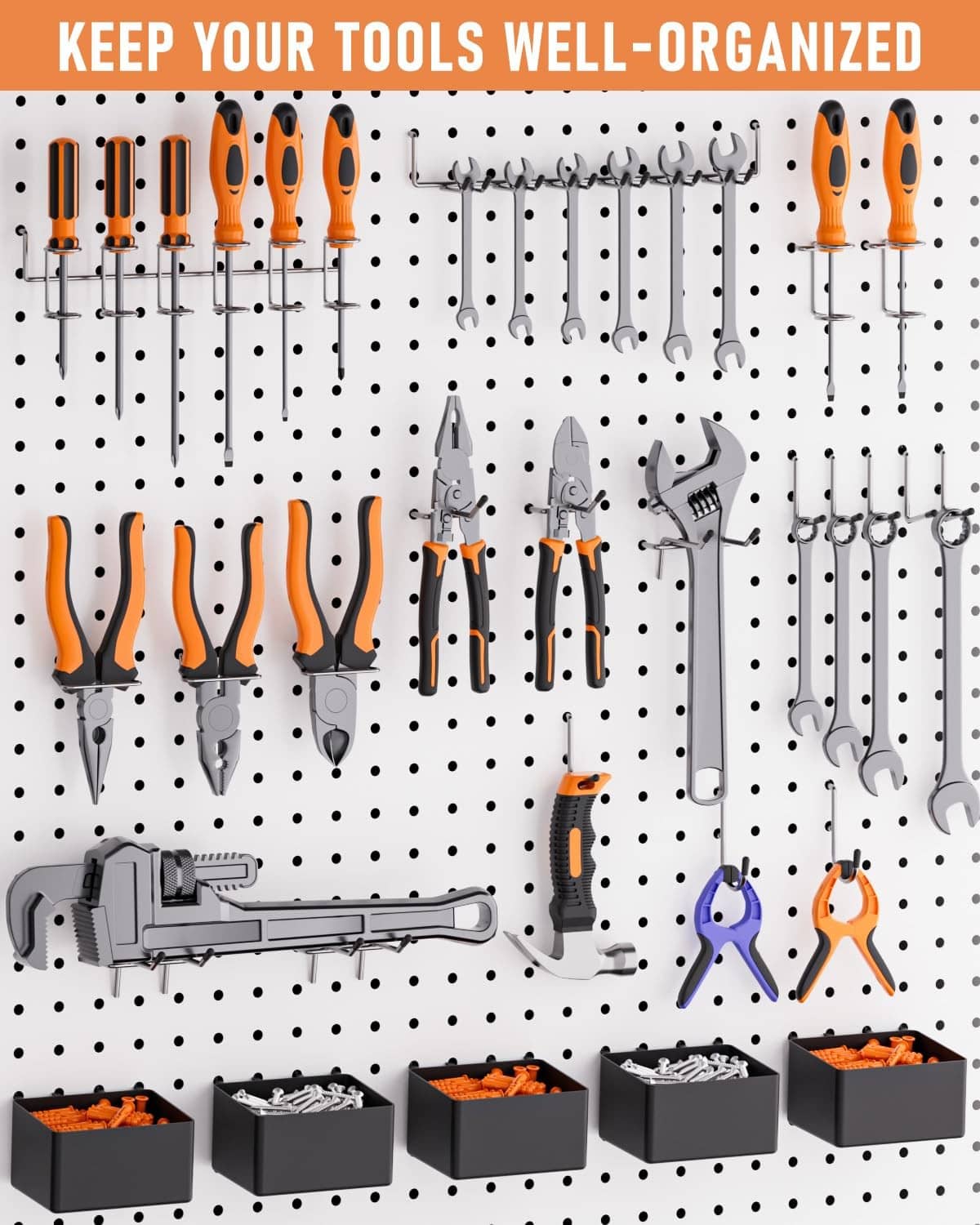 Pegboard organizer system with hanging hooks and bins holding tools